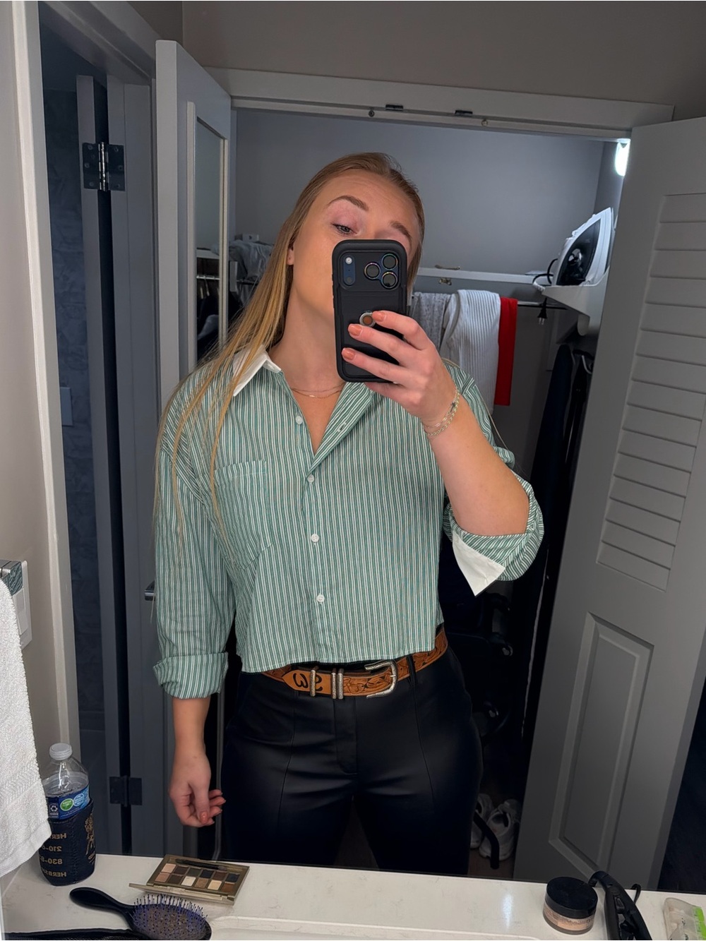 Mustard Seed Green Striped Cropped Shirt